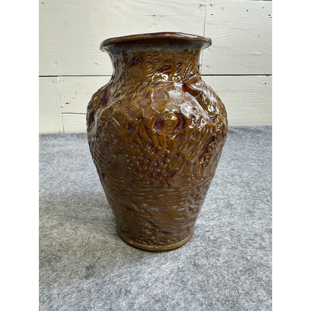 Signed Studio Art Pottery Textured Brown Glaze Vase Burgundy Interior 7.75 Inch